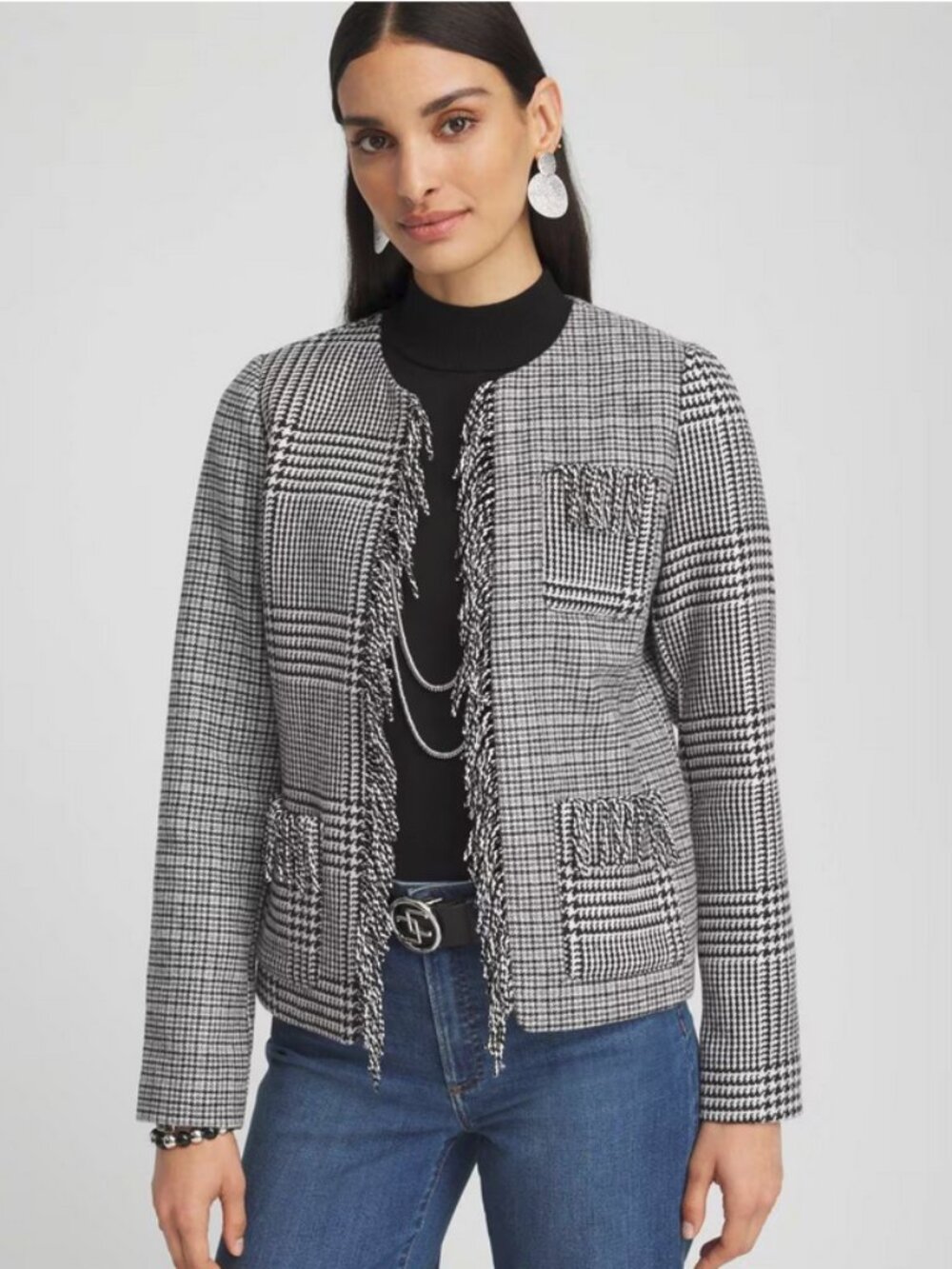 Chico's Mixed Black & White Plaid Fringed Open Front Jacket Chicos Size 4